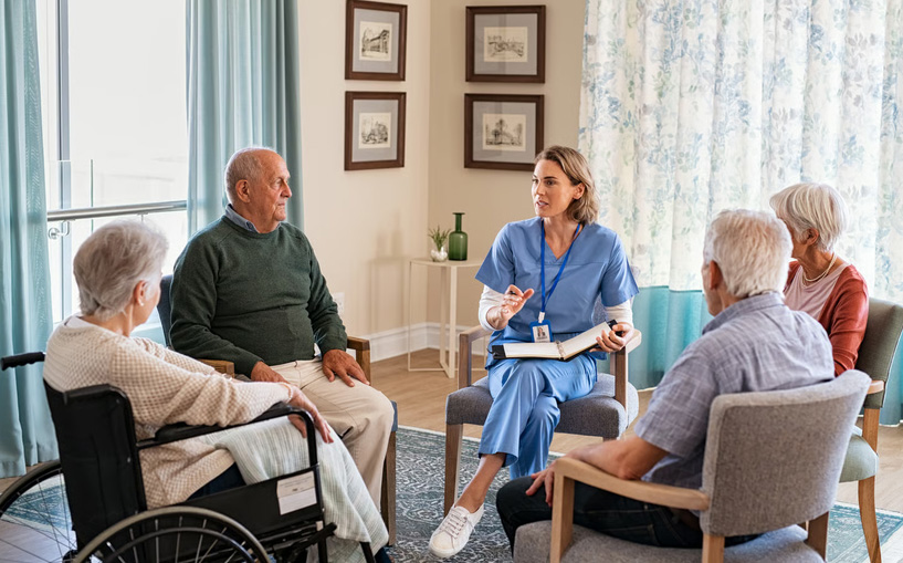 Hospice care worker holding a folder and speaking to an elderly patient and family members seated in a room during a hospice re-enrollment consultation.